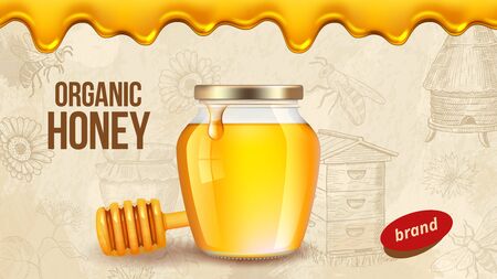 Farm honey. Ad placard template with realistic honey, healthy organic food farm products packaging background. Farm honey, food sweet organic, beekeeping natural illustrationのイラスト素材