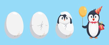 Penguin egg. Birth stages of penguin. Cute cartoon animal newborn vector illustration. Broken egg bird, nature polar and adorable newbornのイラスト素材