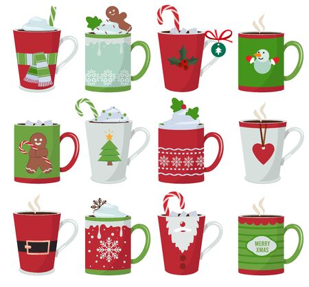 Christmas mug. Holiday decoration at vessel for hot drinks coffee latte or tea cup vector cartoon illustrations. Cup coffee and mug with hot chocolateのイラスト素材