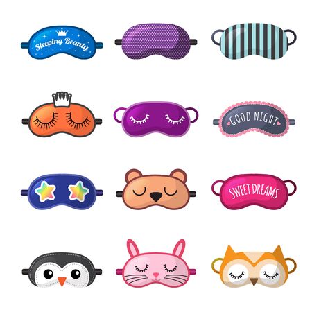 Sleeping mask. Rest clothes for girl face closed eyes sleepover masks vector collection. Funny mask for sleeping, rest and relax illustrationのイラスト素材