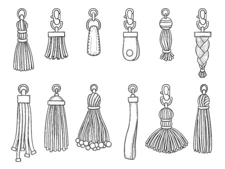 Handbags accessories. Leather textile technician knot trinket threads fashion items vector illustrations. Leather accessory pendant isolated hand drawのイラスト素材