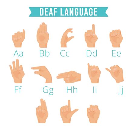 Hands language. Deaf human gestures alphabet emoji of hands palm fingers pointing hold vector illustrations set. Deaf language hand, finger gesture for communicateのイラスト素材