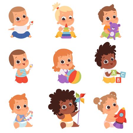 Baby playing. Cute little kids newborn 1 years baby characters eating and sitting with toys happy childhood vector cartoon. Illustration newborn playing with rocket and cubesのイラスト素材