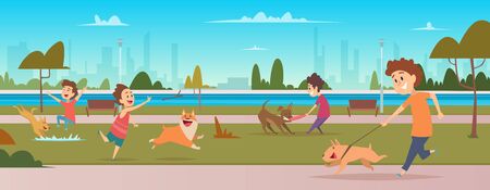 Kids in park with dogs. Children jogging and playing running with happy domestic puppy dogs vector outdoor background. Dog walk in park with children illustrationのイラスト素材