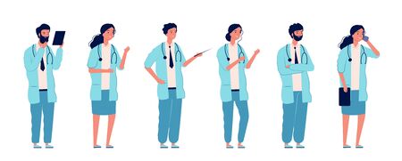 Doctors at work. Medical person health care managers standing group nurses surgeon and pharmacist in hospital vector flat characters. Illustration medical profession, doctor practitioner pharmacistのイラスト素材