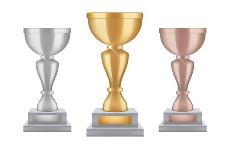 Realistic trophy. Gold silver bronze award cups collection. Vector shine trophies isolated on white background. Illustration sport championship cup, ceremony to winnerのイラスト素材