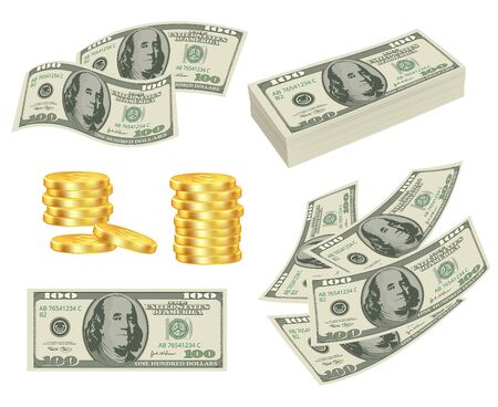 Money. Dollars cash gold prize banknotes roll cards vector realistic pictures of money. Cash dollar, currency money illustrationのイラスト素材