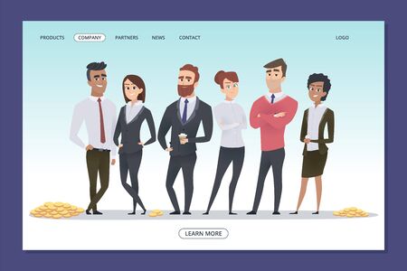 Successful business team. Teamwork web page template. Businesspeople and coins vector illustration. Business team, investment in teamworkのイラスト素材