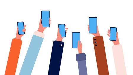 Hands with phones. Many people holding smartphones in hands crowd with gadgets internet connection online friendship vector. Illustration smartphone gadget in human handのイラスト素材