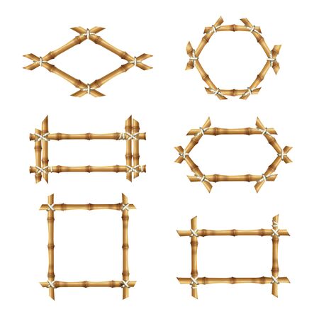 Bamboo frames. Wooden rustic asian banners template bamboo stick vector collections. Illustration bamboo frame with rope, space emptyのイラスト素材