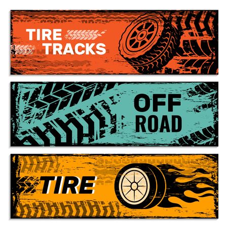 Wheels banners. Tires on road protector car dirt traces vector grunge graphics. Illustration poster card, web automobile serviceのイラスト素材