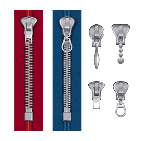 Metal zipper. Fashion items buckles lock handbag components zipper accessory vector realistic collection. Zipper and lock, steel zip, unzipping accessibility illustrationのイラスト素材