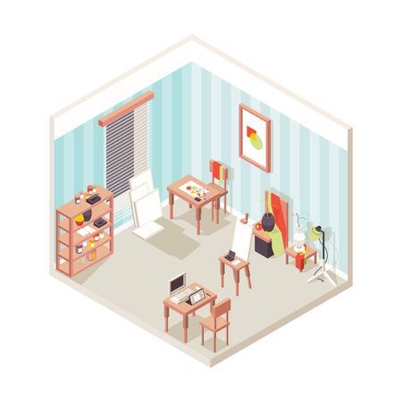 Artist studio interior. Painting place exhibition school for drawing designers inspirational studio vector isometric. Artist studio interior, room with art equipment painting illustrationのイラスト素材