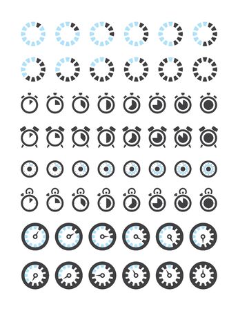 Clock icons. Timers symbols hours minutes stop clock alarm vector collection. Illustration timer alarm and clock, minute and hourのイラスト素材