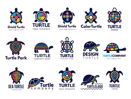Turtle symbols. Business logo wild sea animals tortoise vector colored stylized pictures collection. Animal turtle company logo, sea tortoise illustrationのイラスト素材