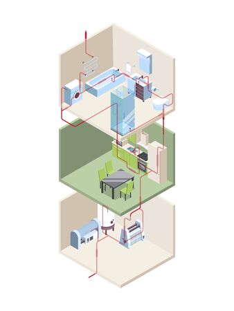 Pipes installation. House crossection with hot and cold water pipes modern systems vector isometric. Pipeline cross section, construction installation illustrationのイラスト素材