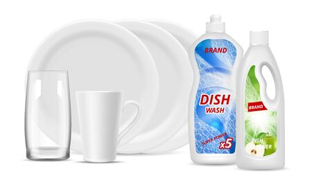 Liquid detergent bottles. Clean dishes, glass, cup. Vector realistic white plates, packaging detergent. Kitchen dish wash for utensil, hygiene and dishwashing illustrationのイラスト素材