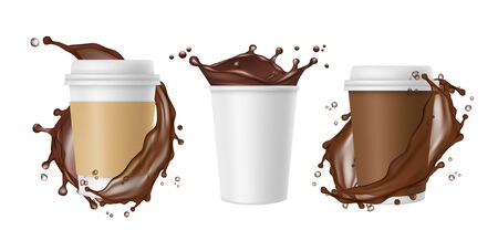 Takeaway coffee. Vector coffee splashes and white realistic paper mug. Cup of chocolate, coffee drink mug, splash and fresh, take away illustrationのイラスト素材