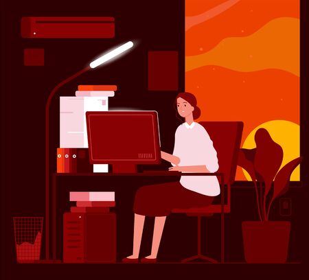 Woman night office. Business female characters late at work hard work in piles of paper documents vector concept. Illustration woman exhausted, programmer businesswoman overtimeのイラスト素材