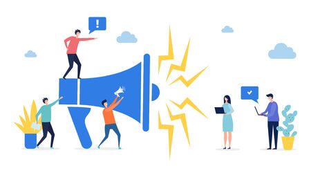 Promotion concept. Target marketing, social network advertising vector illustration. Flat tiny people with laptops and megaphone. Illustration business marketing loudspeaker, promotion advertisingのイラスト素材