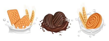 Cookies. Milk chocolate splashes with biscuits. Vector realistic cooked sweets isolated on white background. Illustration milk and biscuit, chocolate dessertのイラスト素材