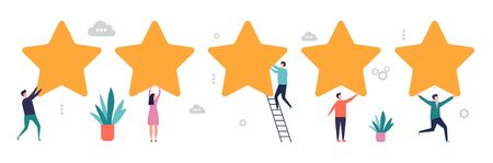Rating concept. Survey results, feedback vector illustration. Five stars with flat tiny people. Five star feedback from customer, rate consumerのイラスト素材