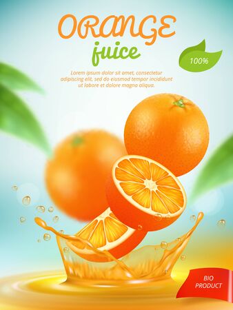 Juice placard. Advertizing banner with orange fresh fruit slice in liquid splashes vector template. Juice orange banner, beverage liquid, fruit fresh drink illustrationのイラスト素材