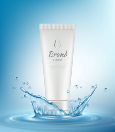 Cosmetic ads. Water liquid splashes drops with cosmetics tubes or bottles for beauty woman skin care elegant realistic vector poster. Cosmetic liquid advertising, tube lotion cream illustrationのイラスト素材