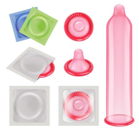 Condoms. Men protection erection latex wrapped condoms contraceptive vector realistic illustrations. Illustration condom protection, safe protect controlのイラスト素材