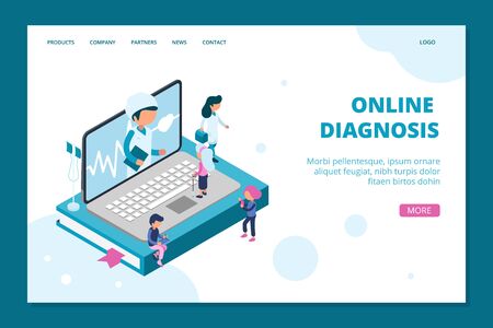 Online diagnosis landing page. Isometric doctor online web banner template. Medicine, healthcare concept with 3D people. Illustration diagnosis isometric, isometry consultant communicationのイラスト素材