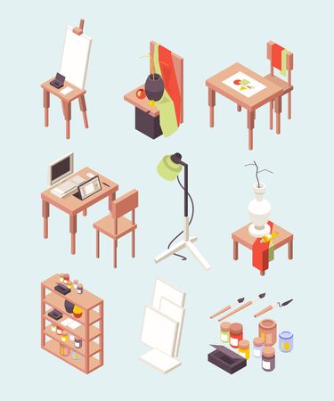 Art studio. Items for artists paints brushes with easels working tools for designers vector isometric collection. Studio art with easel and brush to hobby illustrationのイラスト素材