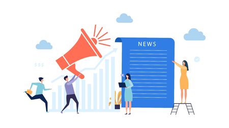 News update. Vector breaking news concept. Reportage illustration with tiny people. Communication breaking news, people and media pageのイラスト素材