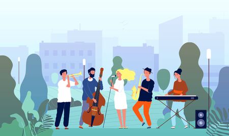Musicians in garden. Music band performing show in park singers and musical players trees outdoor vector concept characters. Musician cartoon artist, musical sax in park illustrationのイラスト素材