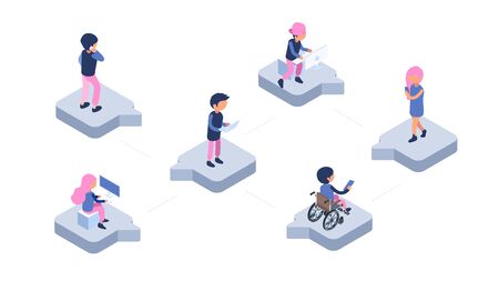 Online chat. Modern communication web. Isometric people with gadgets chatting vector illustration. Mobile chat online, communication social communityのイラスト素材