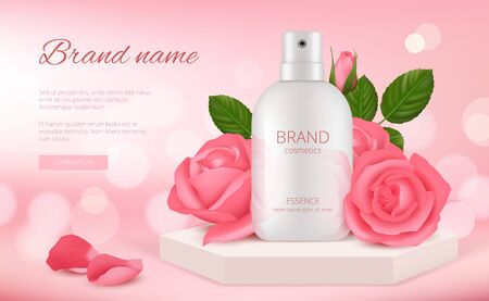 Skin cosmetic ads. Woman cream or perfume bottle with rose pink flowers and petals beauty romantic decoration realistic template. Advertising beauty, cosmetic cream care banner illustrationのイラスト素材