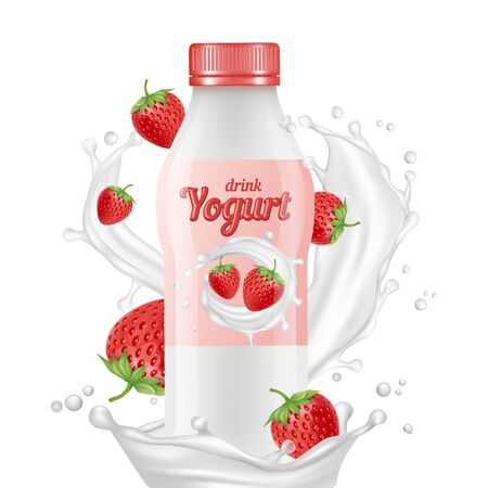 Drink yogurt realistic bottle, milk splashes and strawberries vector isolated on white background. Illustration yogurt natural banner, milk white food with fruitのイラスト素材