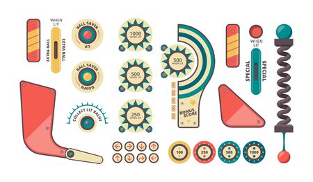 Pinball elements. Buttons coins plunger decorative shadows and forms for game machine vector pinball set. Machine arcade play, bumper and slingshots fot pinball illustrationのイラスト素材