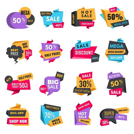 Discount tags. Product ads special offer badges low prices promotional labels hot sale best vector shopping colored stickers. Discount price tag, banner label promotion advertising illustrationのイラスト素材