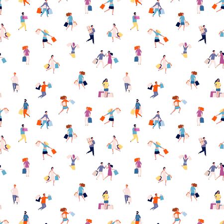 Shopping seamless patters. Happy people with shopping bags and gifts background. Flat customers characters. Shopping woman and man pattern illustrationのイラスト素材