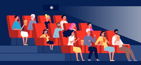 Characters watching movie. Persons sitting in chairs in cinema hall vector flat pictures concept. Auditorium of cinema, audience relaxing and looking illustrationのイラスト素材
