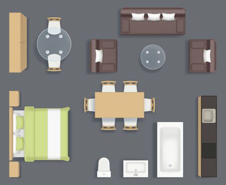 Furniture top view. Kitchen bathroom and living room interior objects chair couch table planning realistic pictures collection. Illustration furniture bathroom and sofa, interior topのイラスト素材