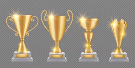 Gold trophy. Realistic golden award cups collection. Shine trophies isolated on transparent background. Illustration gold award and trophy realisticのイラスト素材