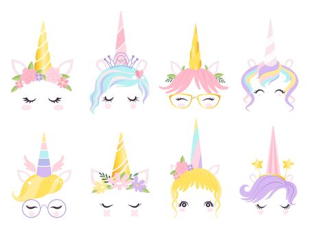 Unicorn face. Fantasy horse pony animal creation kit ears head horn eyes and hairs glasses vector cute template. Illustration horse and pony, face unicorn magicのイラスト素材