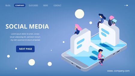 Social media landing page. Virtual communication vector concept. Isometric people with gadgets, laptop, smartphones. Social media technology, page social landingのイラスト素材