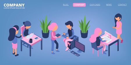 Business people landing. Managers, office male and female isometric characters. Business communication, teamwork vector banner. Business people man and woman at workplace illustrationのイラスト素材