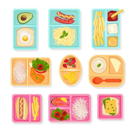 School food top view. Lunch boxes for children sort cases for products drinks snacks pizza fruits and vegetables vector pictures. Box lunch, snack and food in container illustrationのイラスト素材
