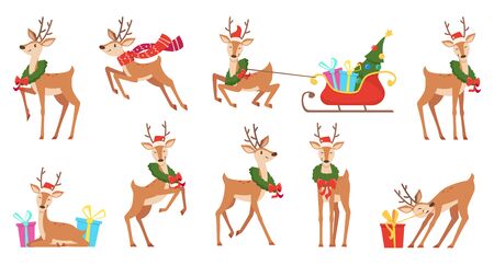 Cartoon deer. Winter celebration fairytale animals reindeer running vector christmas character. Reindeer happy run, character antler with sleigh and wreath illustrationのイラスト素材