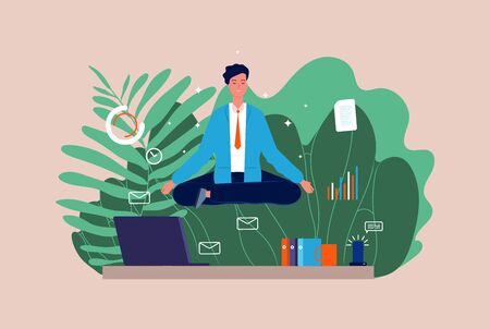 Work meditation. Stressful businessman, yoga character. Manager sitting on office table in lotus pose vector illustration. Lotus zen on workplace, business routineのイラスト素材