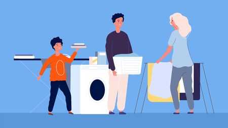 Housework. Mom with children cleaning and washing, ironing. Family is cleaning, laundry vector illustration. Housework cartoon mother, woman householdのイラスト素材