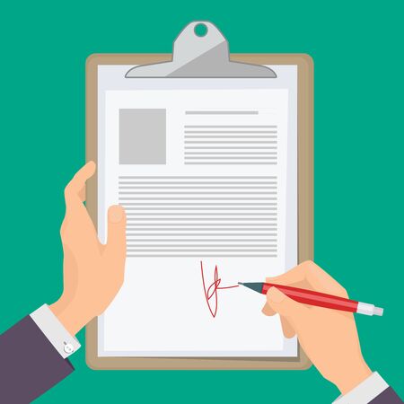 Signature documents. Business person hand holding pen and writing documents on paper vector illustration concept. Signature document paper, pen hand and contractのイラスト素材